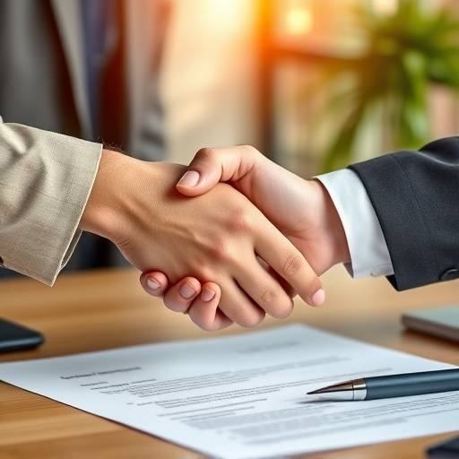 Deux personnes se serrant la main sur un accord légal, symbolisant l'acceptation des termes et conditions.